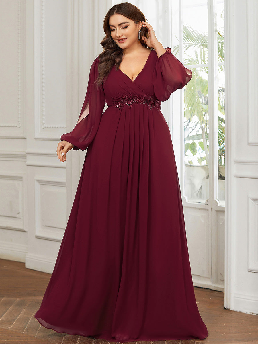 Robes de soirée élégantes en mousseline de soie grande taille avec manches longues en lanterne #Couleur_Bordeaux