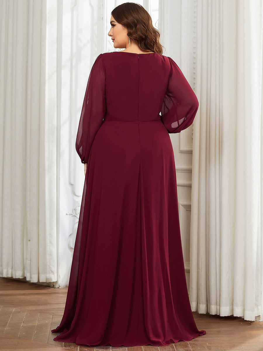 Robes de soirée élégantes en mousseline de soie grande taille avec manches longues en lanterne #Couleur_Bordeaux