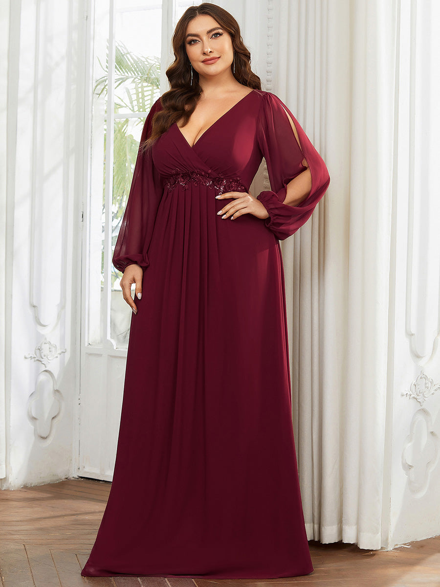 Robes de soirée élégantes en mousseline de soie grande taille avec manches longues en lanterne #Couleur_Bordeaux
