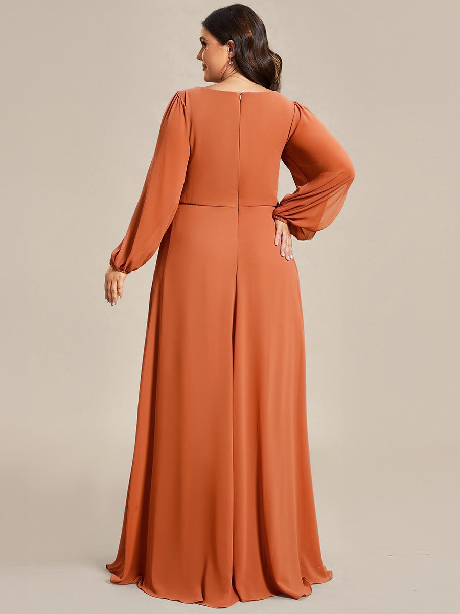 Robe de Soiree Longue Elegante Avec Lanterne en V Profond a Manches Fendues et Appliques #Couleur_Melon Ambré