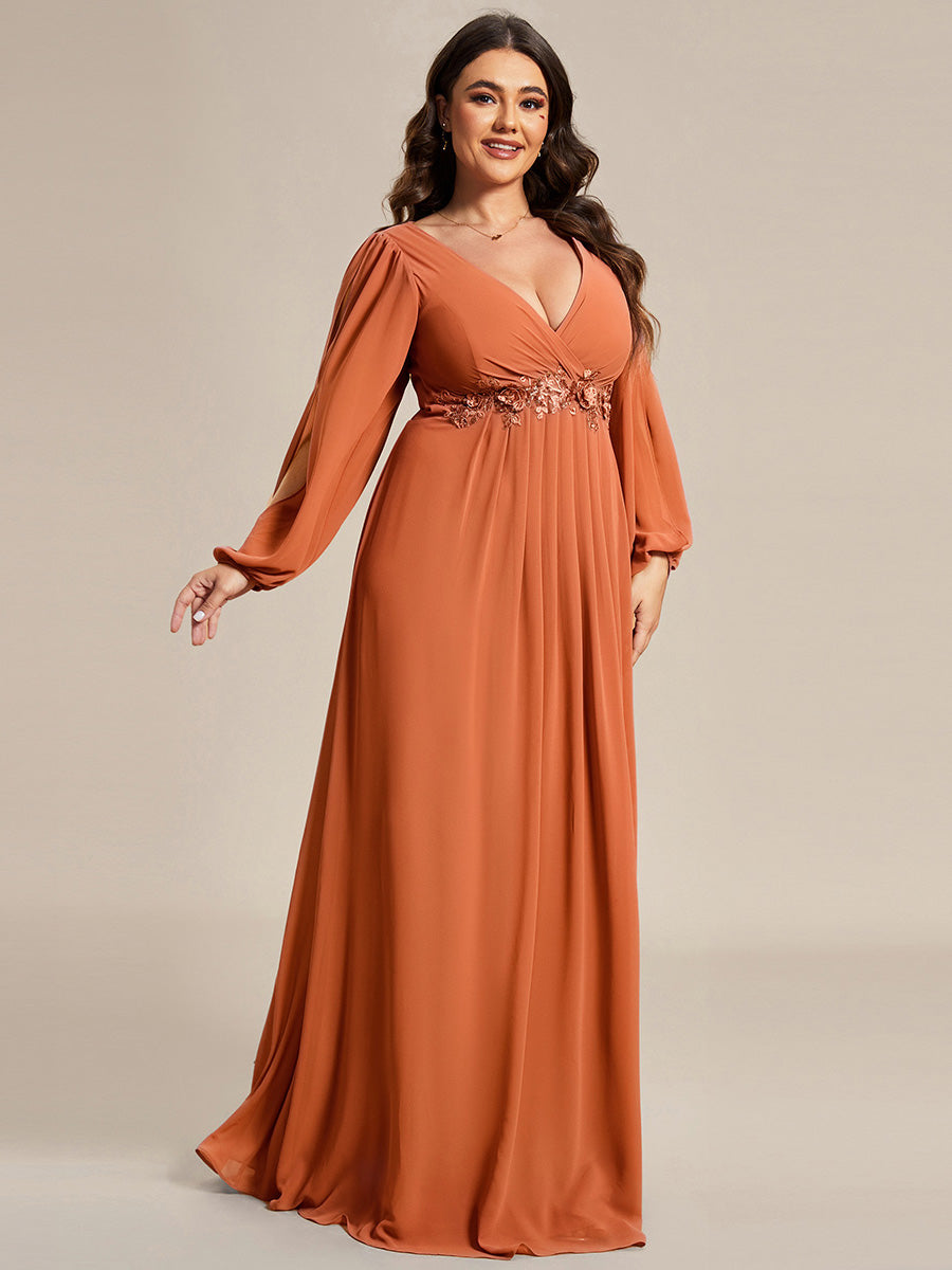 Robe de Soiree Longue Elegante Avec Lanterne en V Profond a Manches Fendues et Appliques #Couleur_Melon Ambré