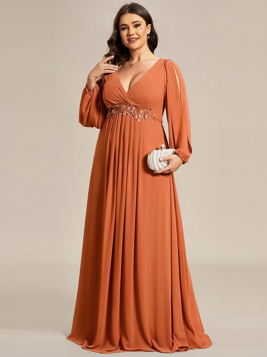 Robe de Soiree Longue Elegante Avec Lanterne en V Profond a Manches Fendues et Appliques #Couleur_Melon Ambré