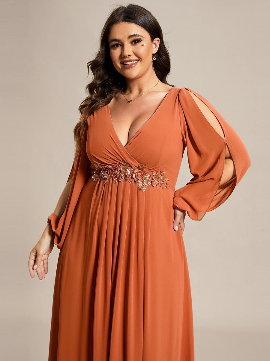 Robe de Soiree Longue Elegante Avec Lanterne en V Profond a Manches Fendues et Appliques #Couleur_Melon Ambré