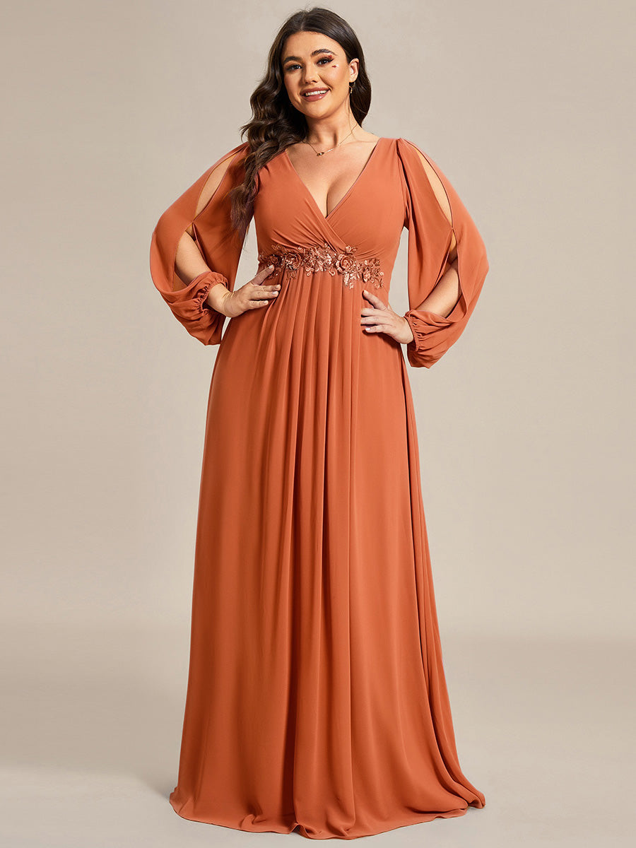 Robe de Soiree Longue Elegante Avec Lanterne en V Profond a Manches Fendues et Appliques #Couleur_Melon Ambré