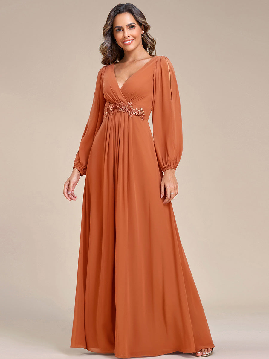 Robe de Soiree Longue Elegante Avec Lanterne en V Profond a Manches Fendues et Appliques #Couleur_Melon Ambré
