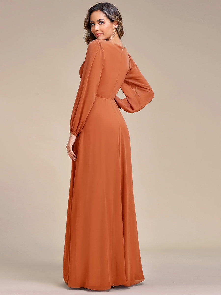 Robe de Soiree Longue Elegante Avec Lanterne en V Profond a Manches Fendues et Appliques #Couleur_Melon Ambré