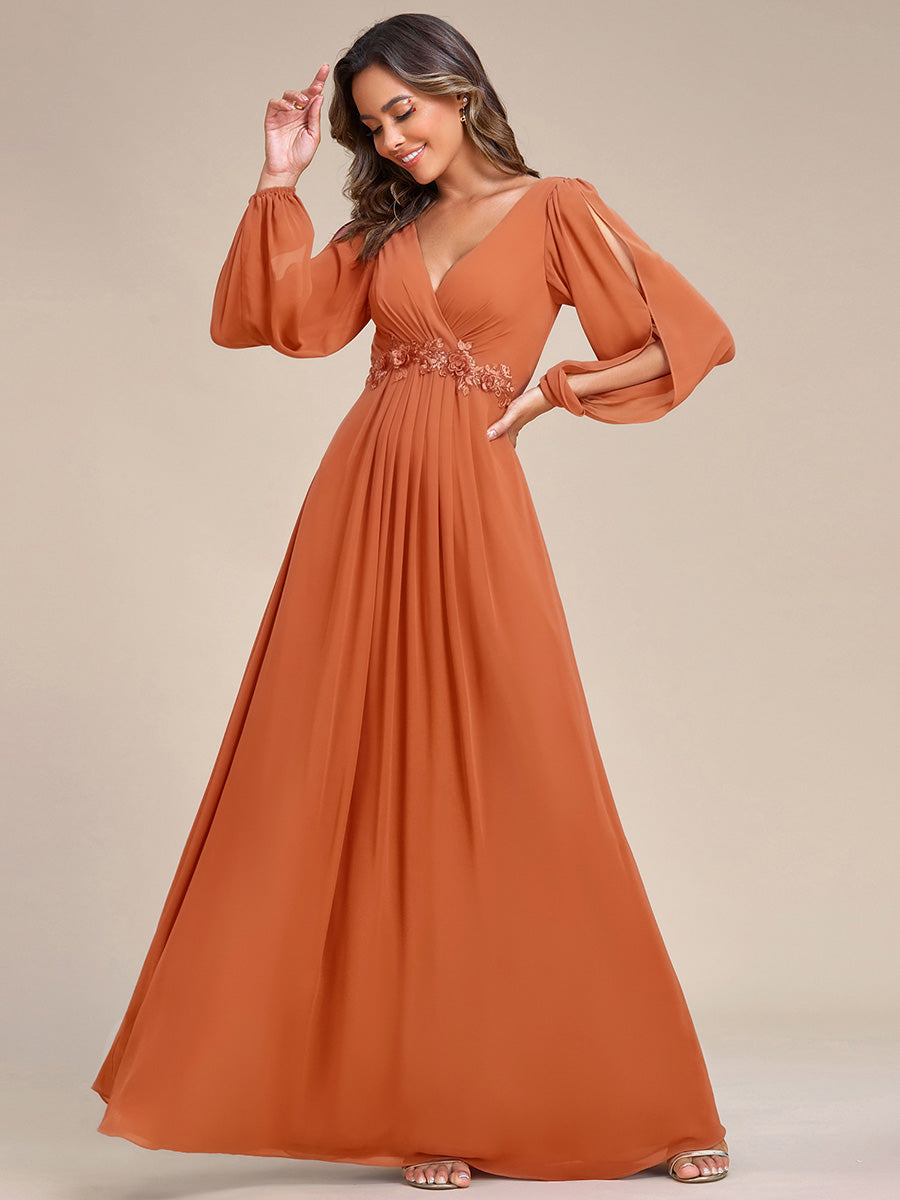 Robe de Soiree Longue Elegante Avec Lanterne en V Profond a Manches Fendues et Appliques #Couleur_Melon Ambré