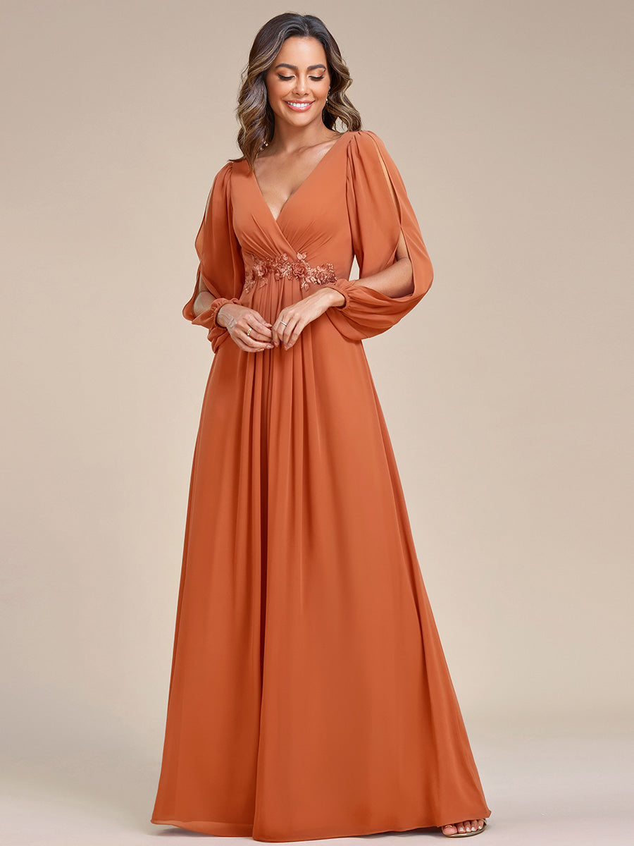 Robe de Soiree Longue Elegante Avec Lanterne en V Profond a Manches Fendues et Appliques #Couleur_Melon Ambré