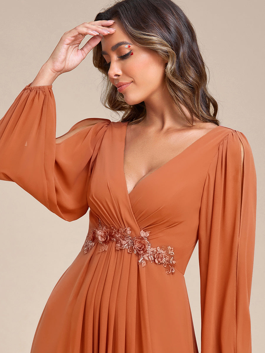 Robe de Soiree Longue Elegante Avec Lanterne en V Profond a Manches Fendues et Appliques #Couleur_Melon Ambré