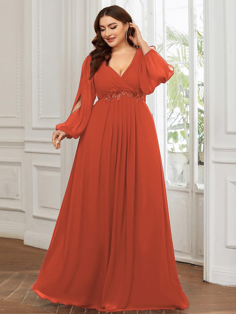 Taille personnalisée Robe de Soiree Longue Elegante Avec Lanterne en V Profond #Couleur_Burnt Orange