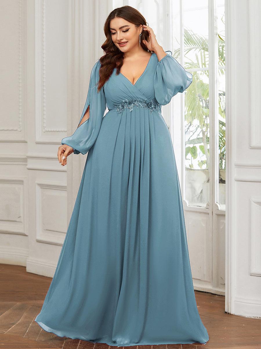 Taille personnalisée Robe de Soiree Longue Elegante Avec Lanterne en V Profond #Couleur_Bleu Fume