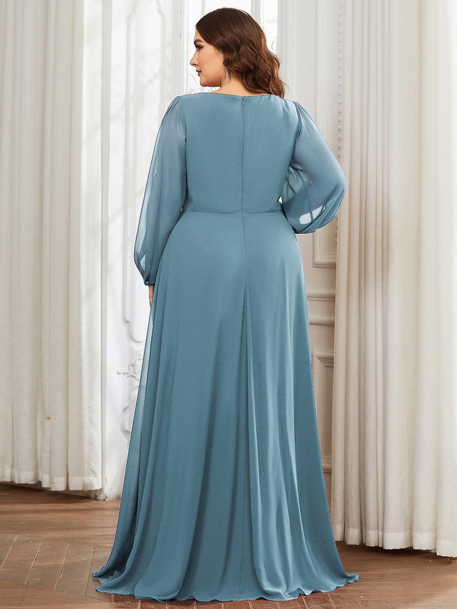 Taille personnalisée Robe de Soiree Longue Elegante Avec Lanterne en V Profond #Couleur_Bleu Fume