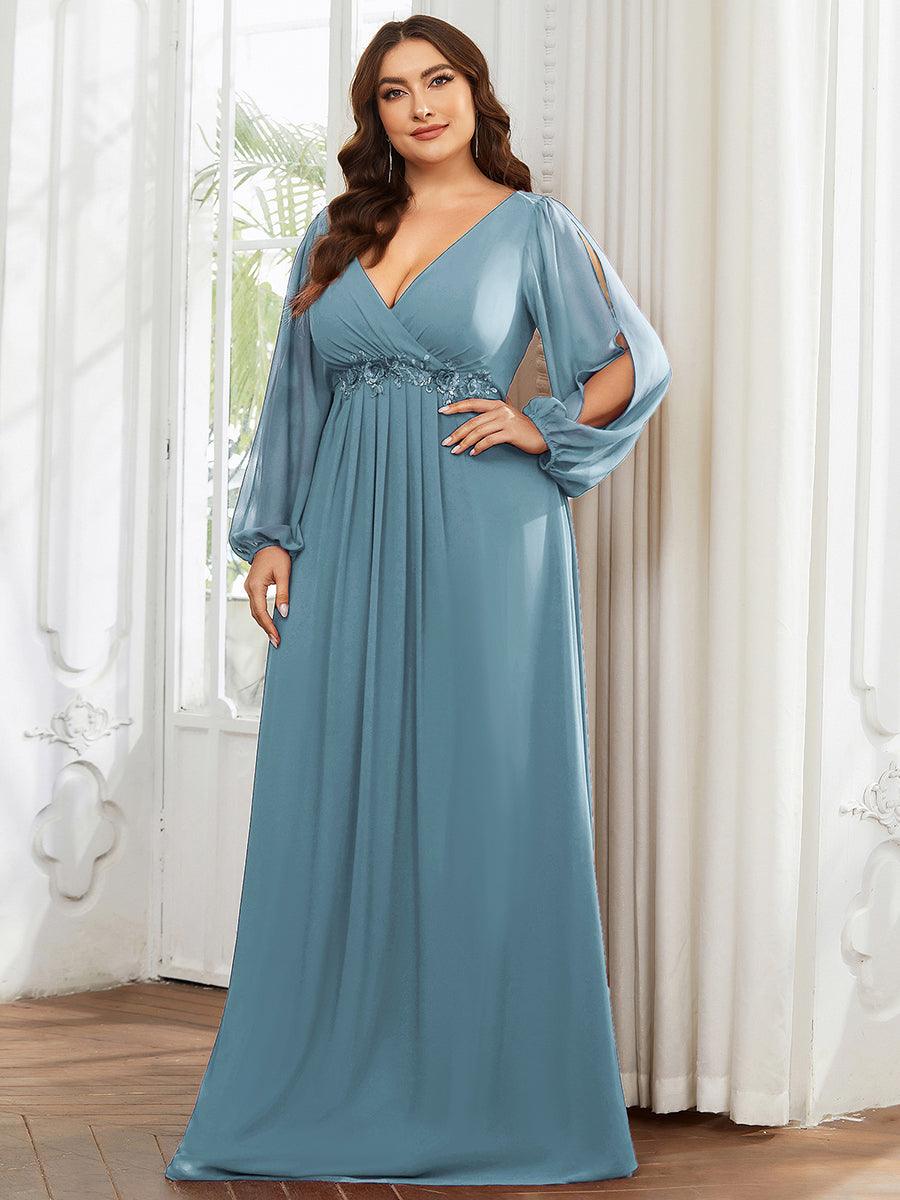 Taille personnalisée Robe de Soiree Longue Elegante Avec Lanterne en V Profond #Couleur_Bleu Fume