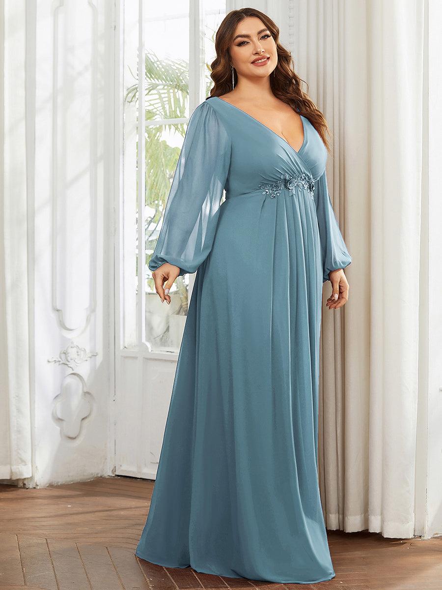Taille personnalisée Robe de Soiree Longue Elegante Avec Lanterne en V Profond #Couleur_Bleu Fume