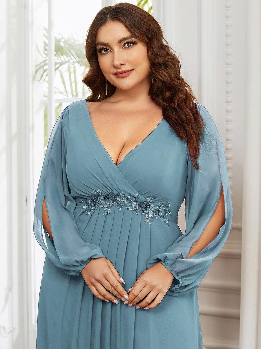 Taille personnalisée Robe de Soiree Longue Elegante Avec Lanterne en V Profond #Couleur_Bleu Fume