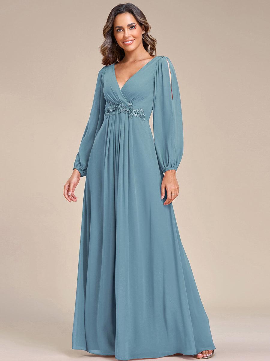 Taille personnalisée Robe de Soiree Longue Elegante Avec Lanterne en V Profond #Couleur_Bleu Fume