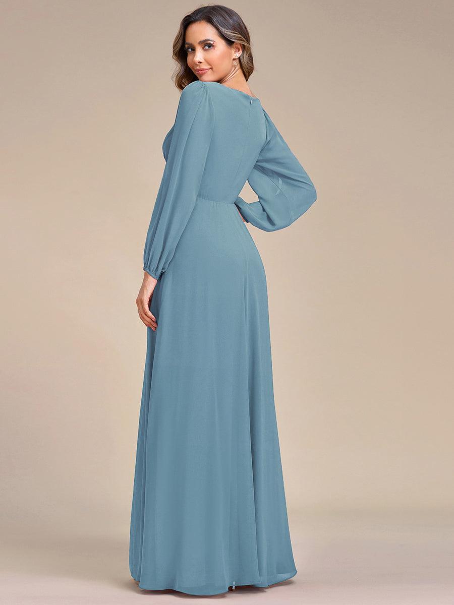 Taille personnalisée Robe de Soiree Longue Elegante Avec Lanterne en V Profond #Couleur_Bleu Fume