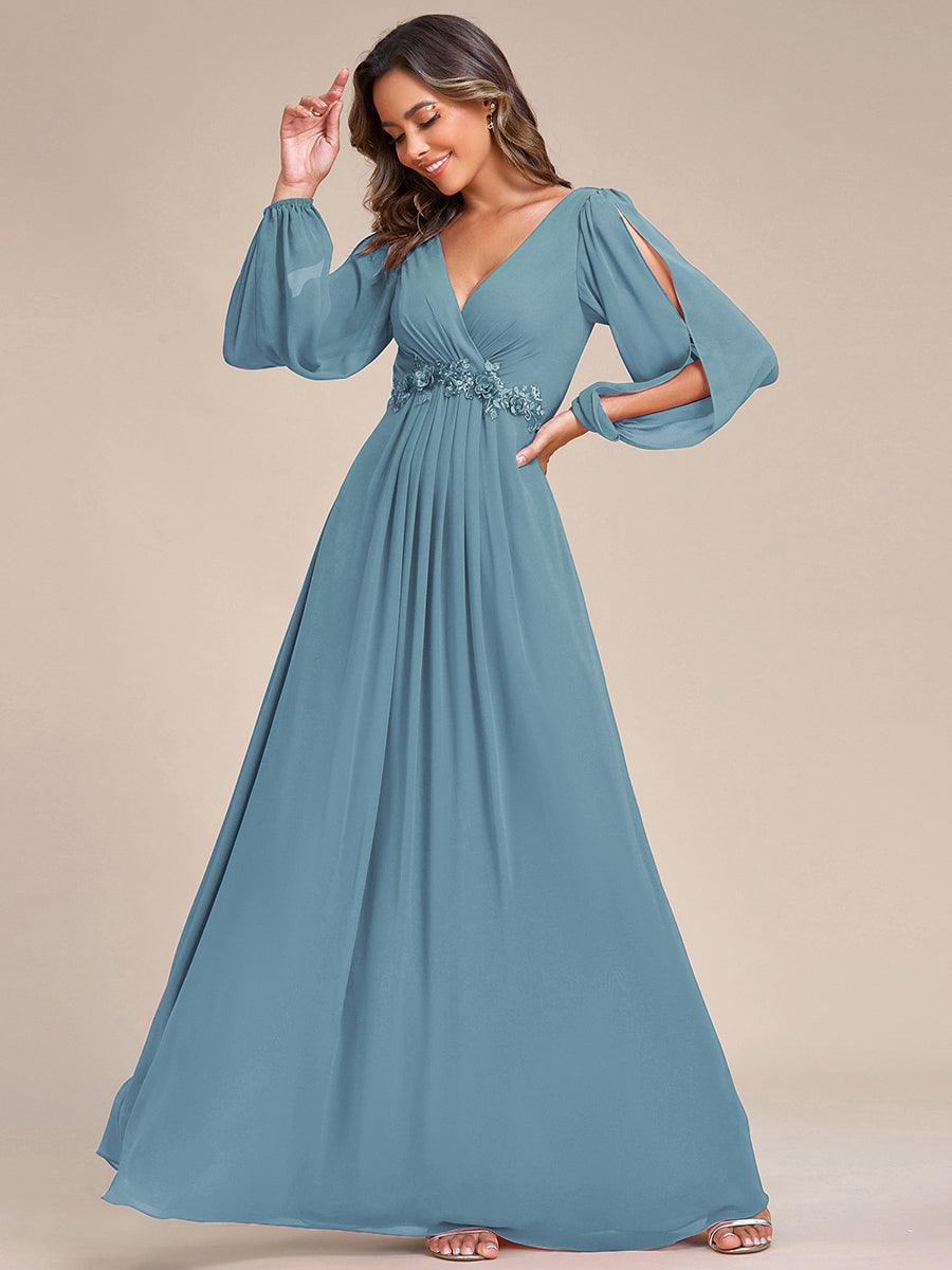 Taille personnalisée Robe de Soiree Longue Elegante Avec Lanterne en V Profond #Couleur_Bleu Fume