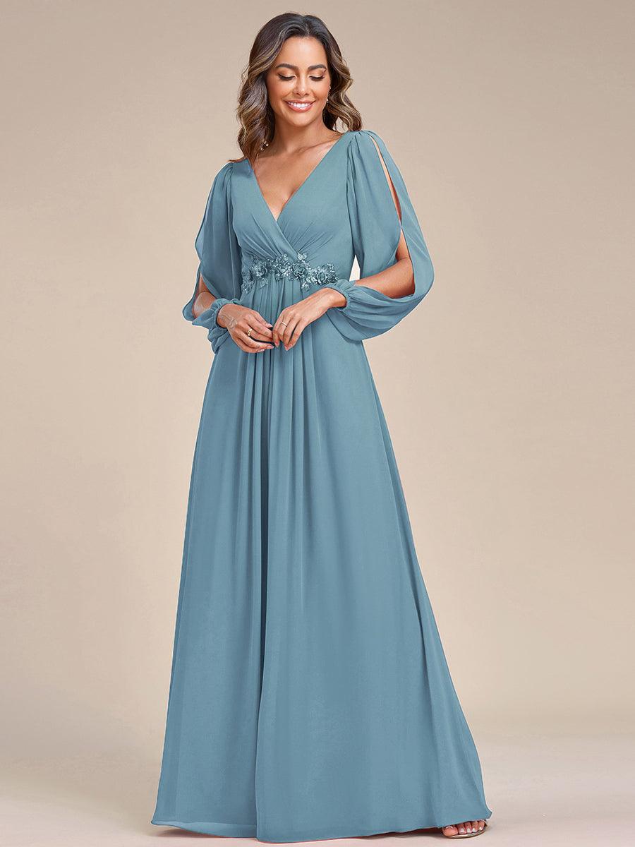 Taille personnalisée Robe de Soiree Longue Elegante Avec Lanterne en V Profond #Couleur_Bleu Fume
