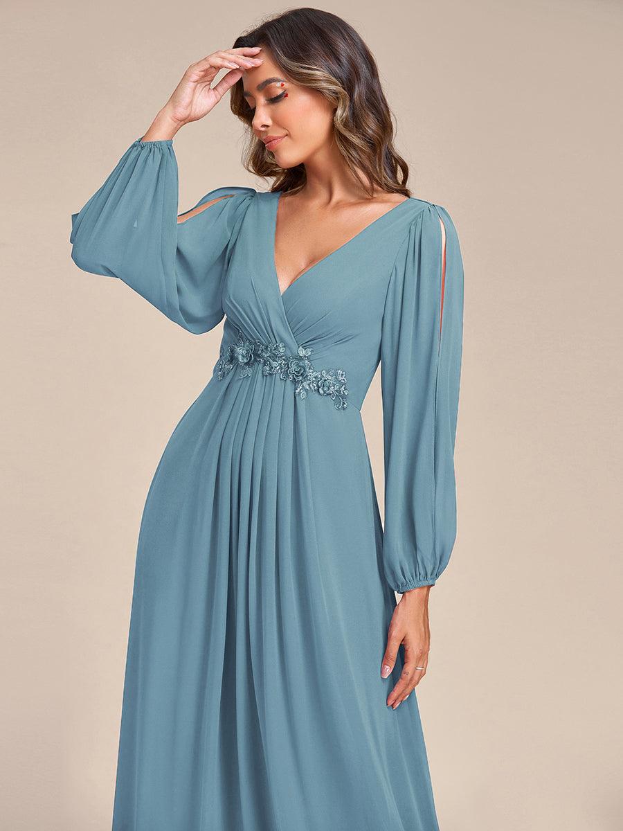 Taille personnalisée Robe de Soiree Longue Elegante Avec Lanterne en V Profond #Couleur_Bleu Fume