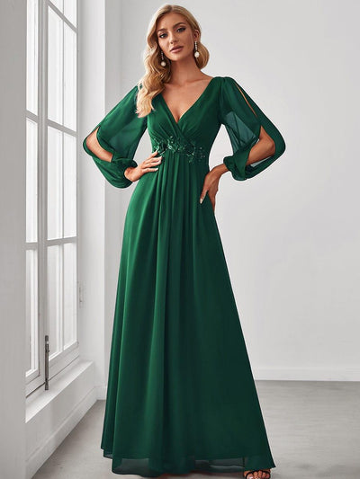 ever AMOUR|Robe de Soiree Longue Elegante Avec Lanterne en V Profond a Manches Fendues et Appliques