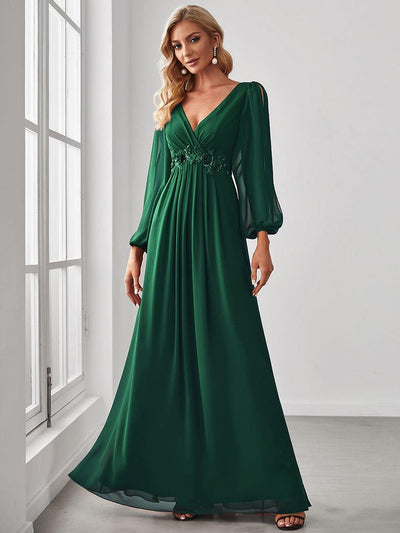 ever AMOUR|Robe de Soiree Longue Elegante Avec Lanterne en V Profond a Manches Fendues et Appliques