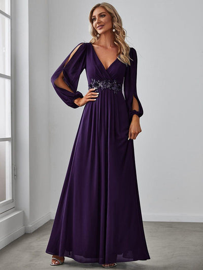 ever AMOUR|Robe de Soiree Longue Elegante Avec Lanterne en V Profond a Manches Fendues et Appliques