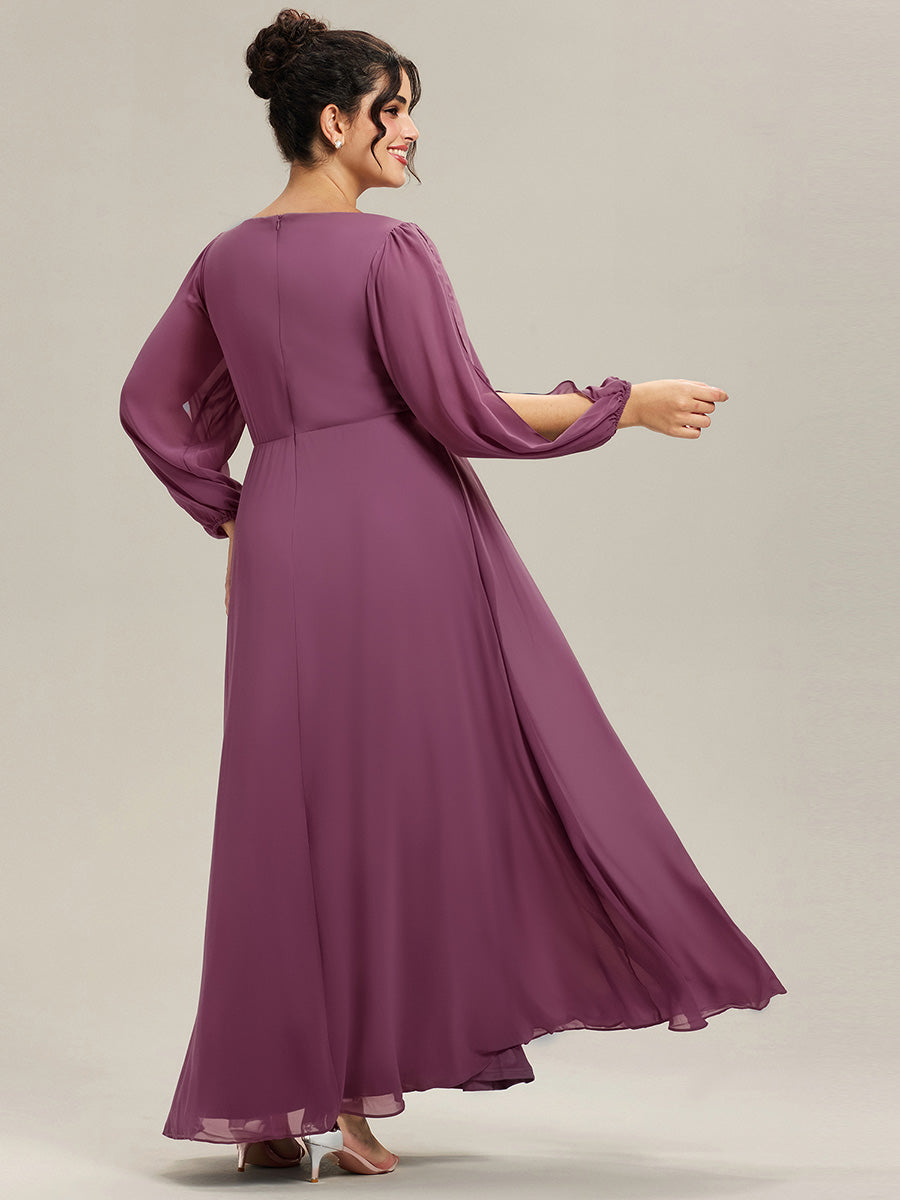 Robe de Soiree Longue Elegante Avec Lanterne en V Profond a Manches Fendues et Appliques #Couleur_Prune Foncée