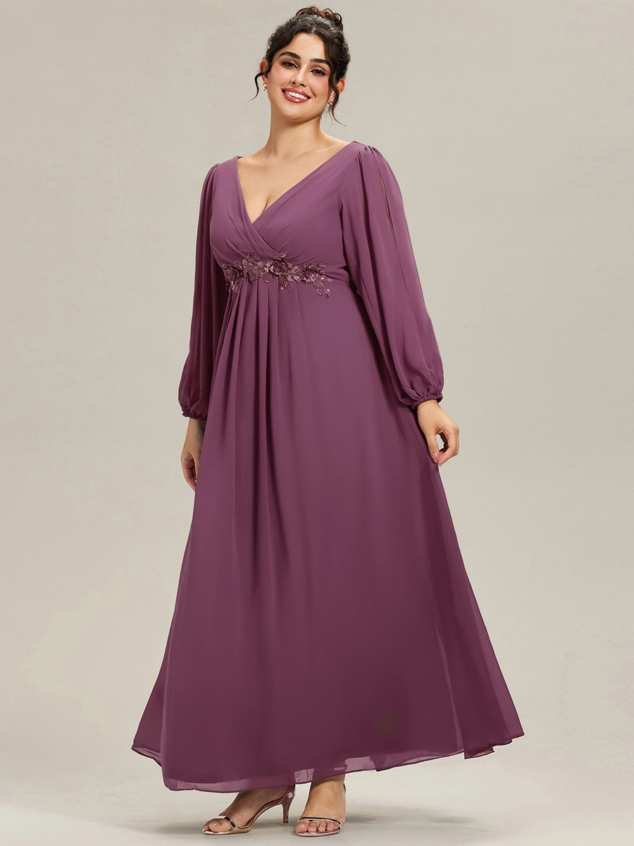 Robe de Soiree Longue Elegante Avec Lanterne en V Profond a Manches Fendues et Appliques #Couleur_Prune Foncée