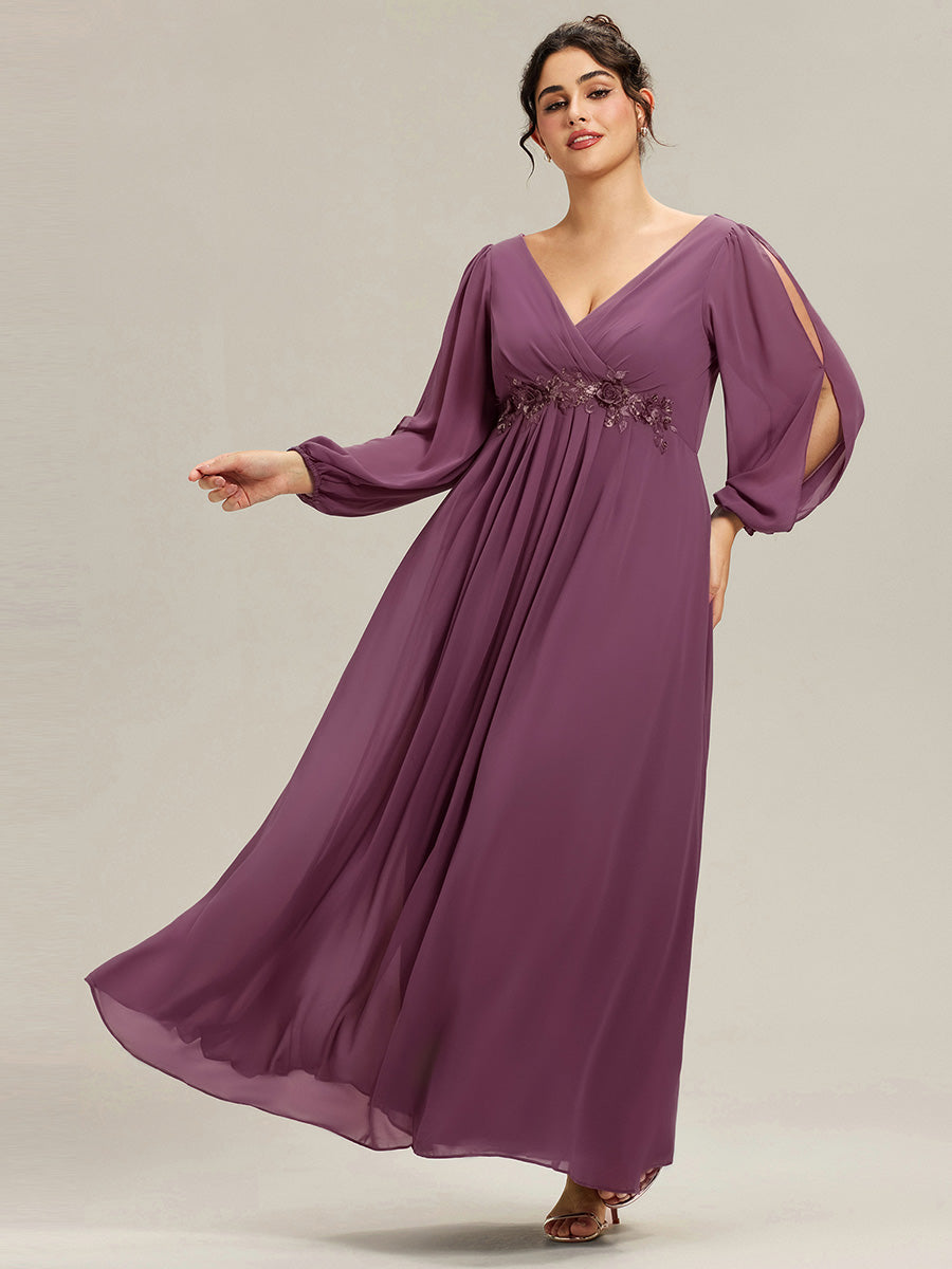 Robe de Soiree Longue Elegante Avec Lanterne en V Profond a Manches Fendues et Appliques #Couleur_Prune Foncée