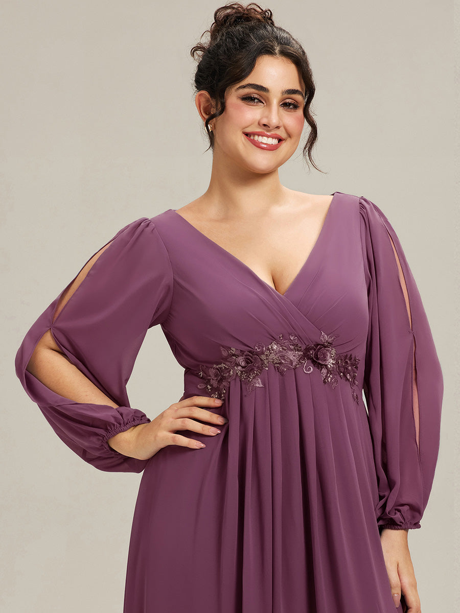 Robe de Soiree Longue Elegante Avec Lanterne en V Profond a Manches Fendues et Appliques #Couleur_Prune Foncée