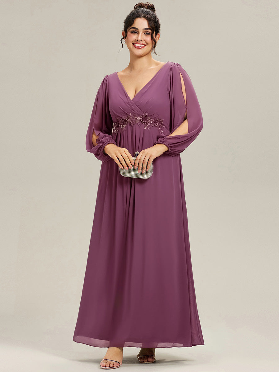 Robe de Soiree Longue Elegante Avec Lanterne en V Profond a Manches Fendues et Appliques #Couleur_Prune Foncée