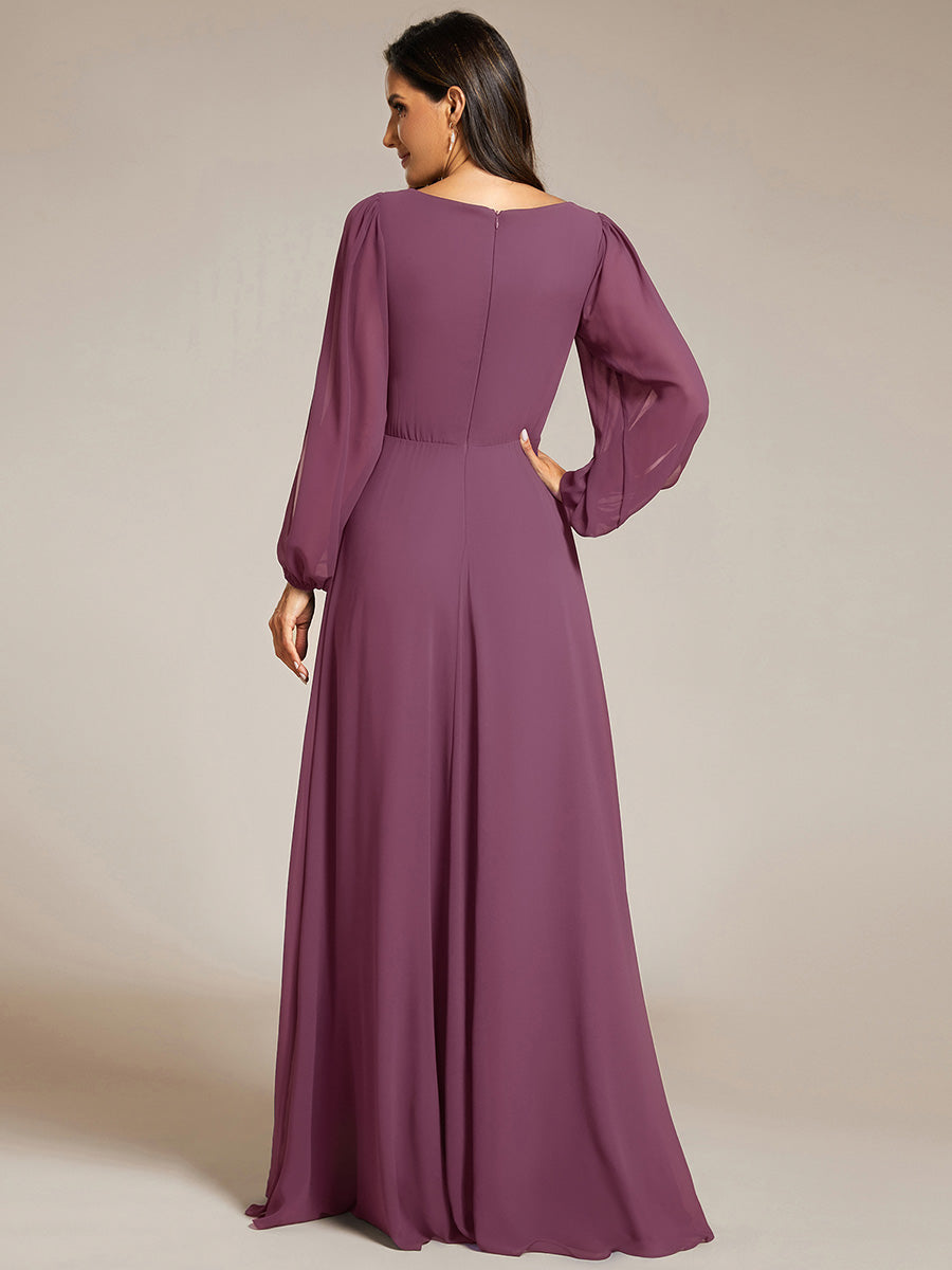 Robe de Soiree Longue Elegante Avec Lanterne en V Profond a Manches Fendues et Appliques #Couleur_Prune Foncée