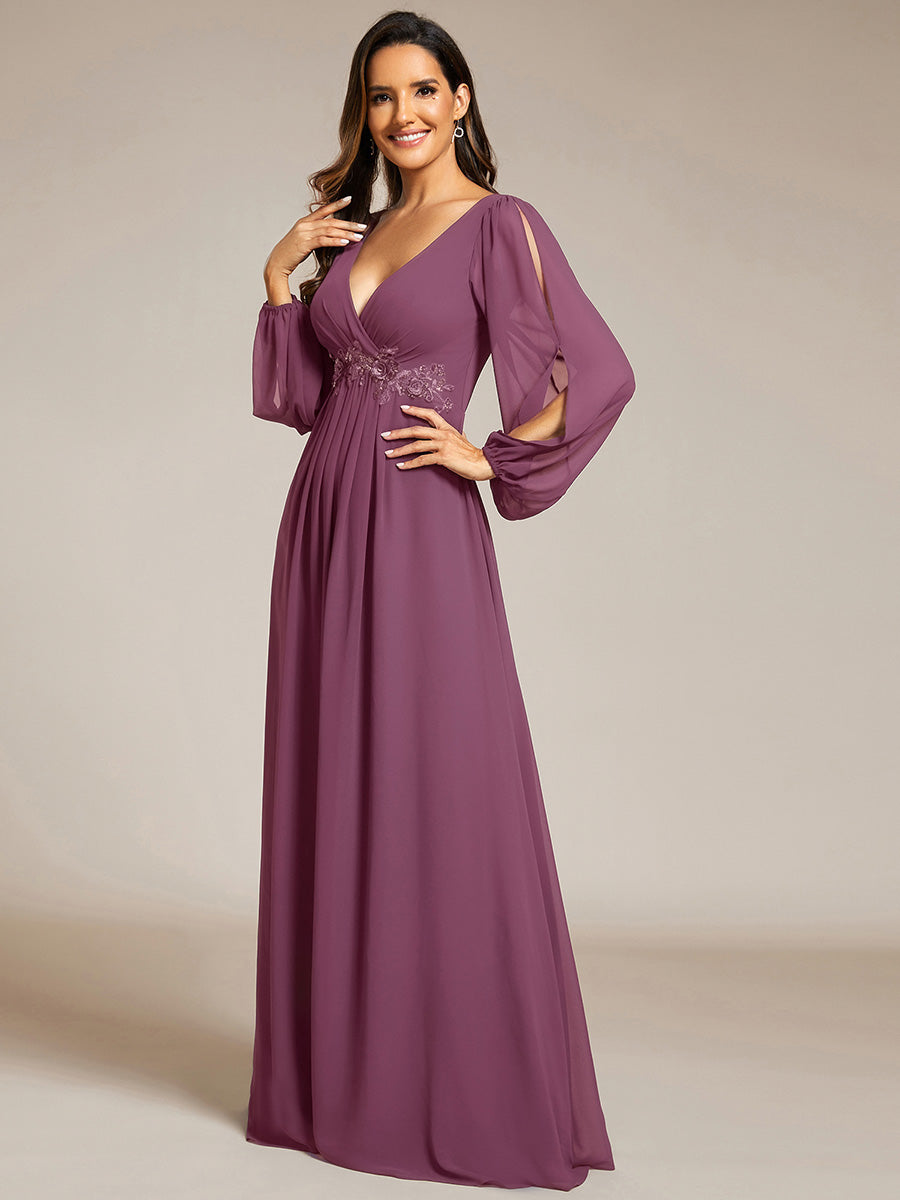 Robe de Soiree Longue Elegante Avec Lanterne en V Profond a Manches Fendues et Appliques #Couleur_Prune Foncée