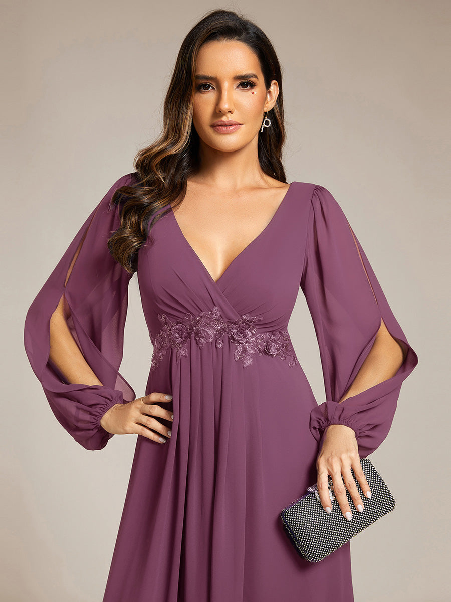 Robe de Soiree Longue Elegante Avec Lanterne en V Profond a Manches Fendues et Appliques #Couleur_Prune Foncée