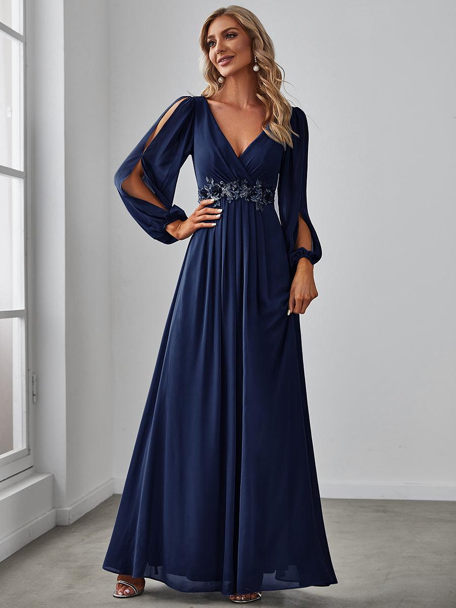 Taille personnalisée Robe de Soiree Longue Elegante Avec Lanterne en V Profond #Couleur_Bleu Marine