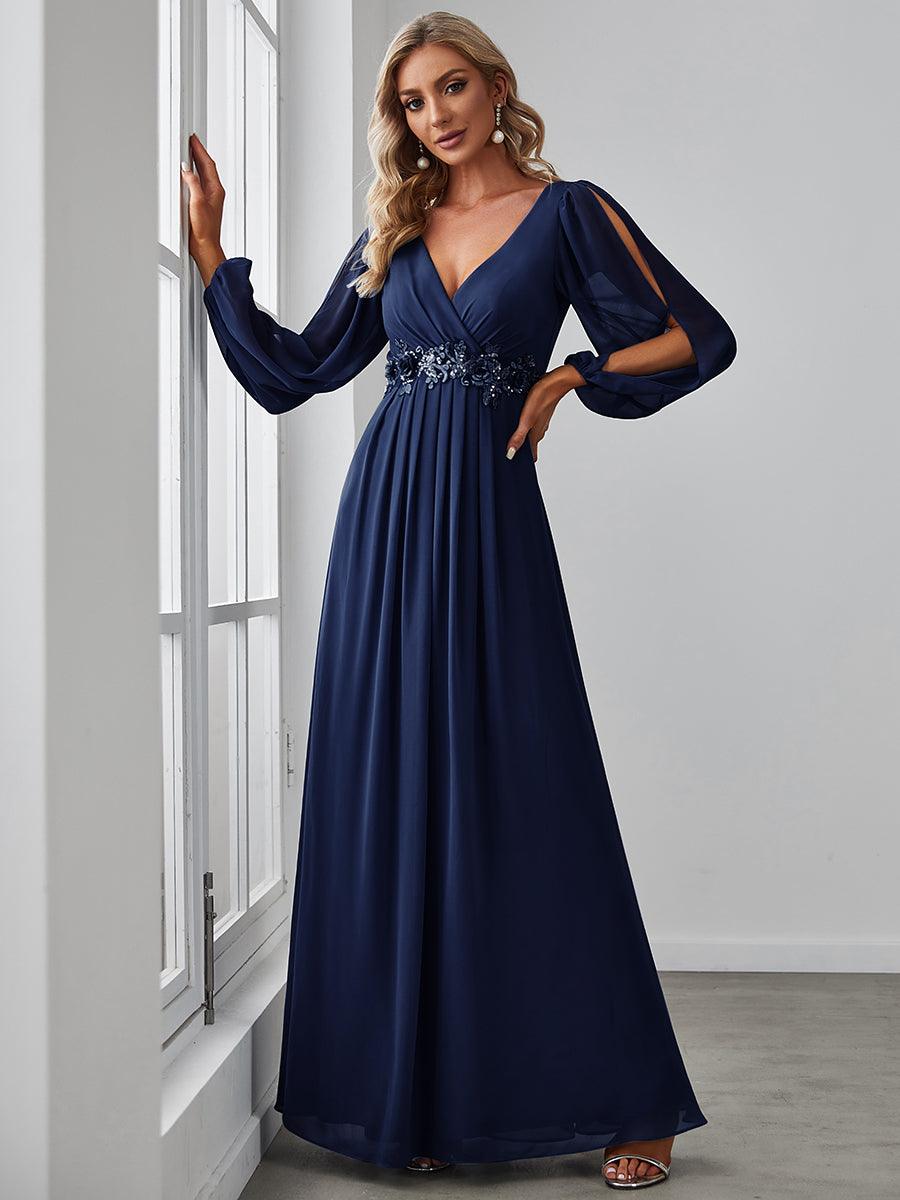 Taille personnalisée Robe de Soiree Longue Elegante Avec Lanterne en V Profond #Couleur_Bleu Marine