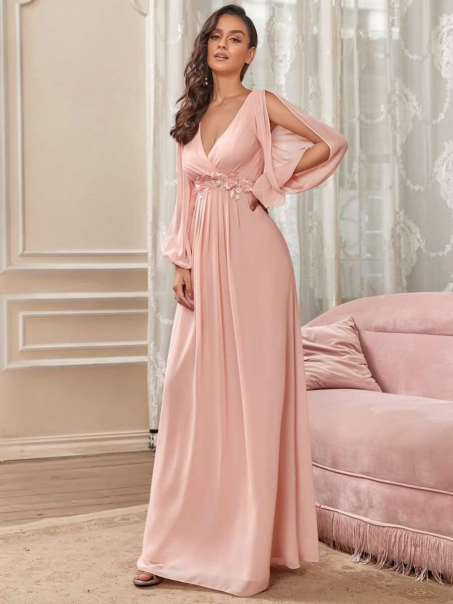 Robe de Soiree Longue Elegante Avec Lanterne en V Profond a Manches Fendues et Appliques #Couleur_Rose