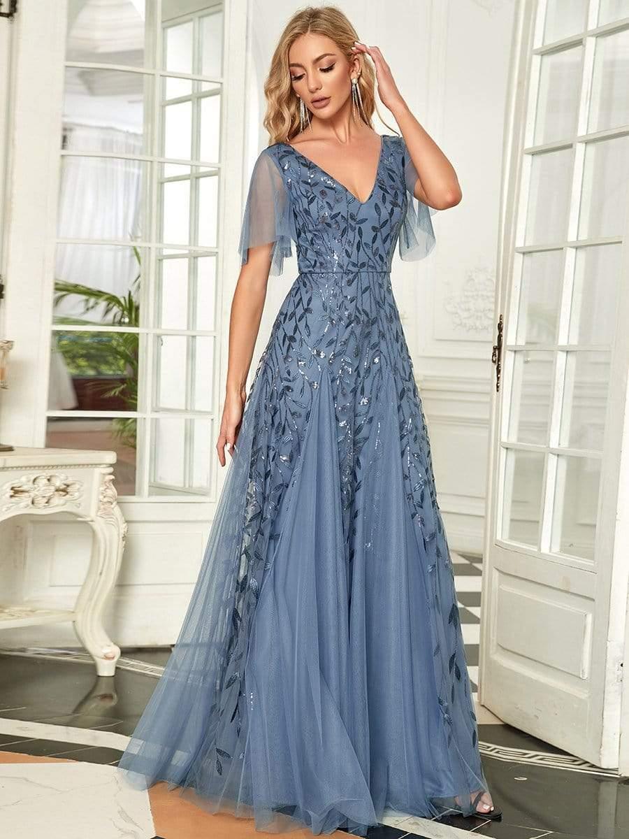 Robe d'Invité de Superbe Mariage Longue à Col en V et Manches à Volants #Couleur_Marine Fume