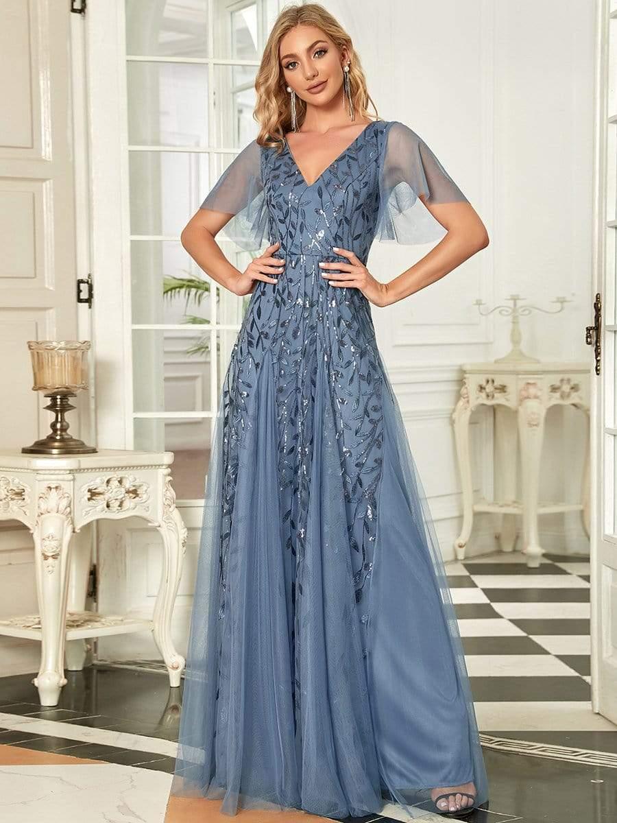Robe d'Invité de Superbe Mariage Longue à Col en V et Manches à Volants #Couleur_Marine Fume