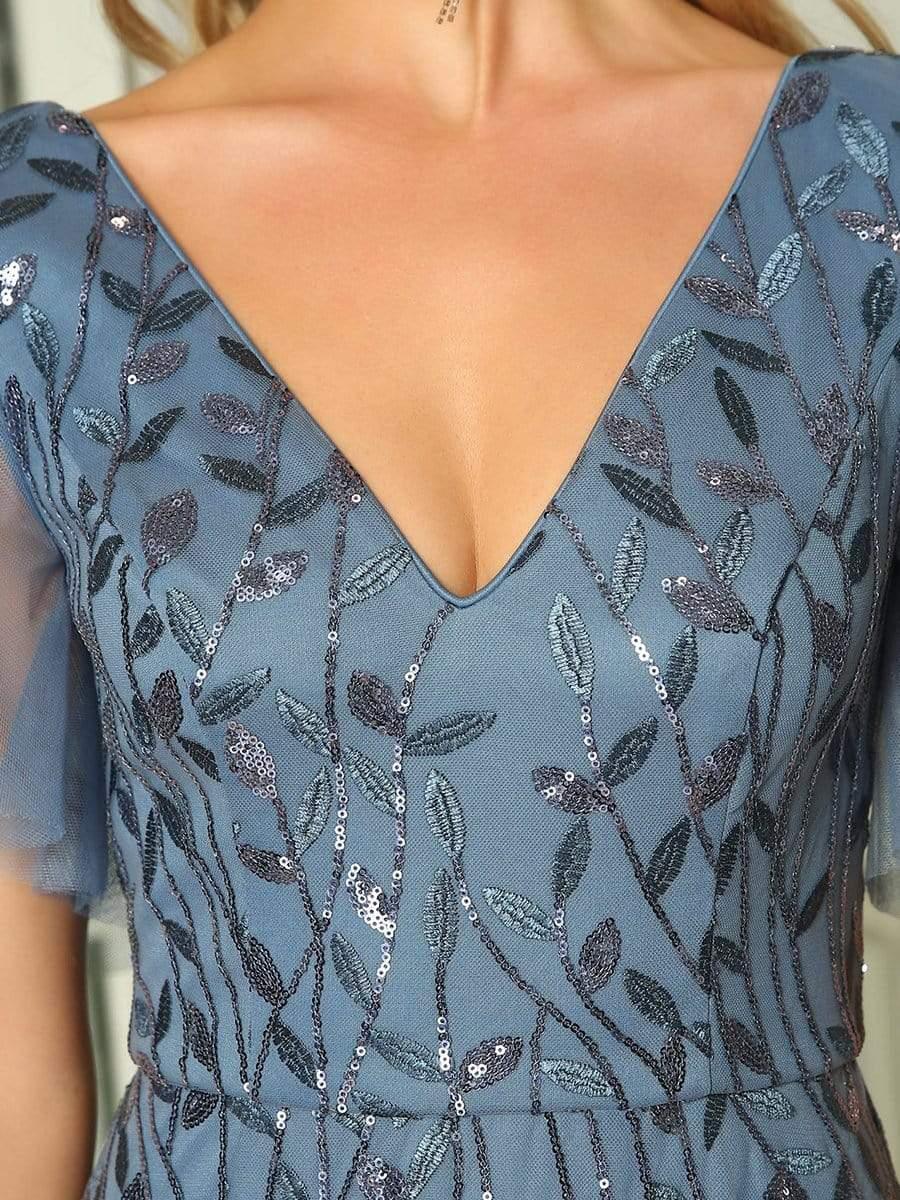 Robe d'Invité de Superbe Mariage Longue à Col en V et Manches à Volants #Couleur_Marine Fume