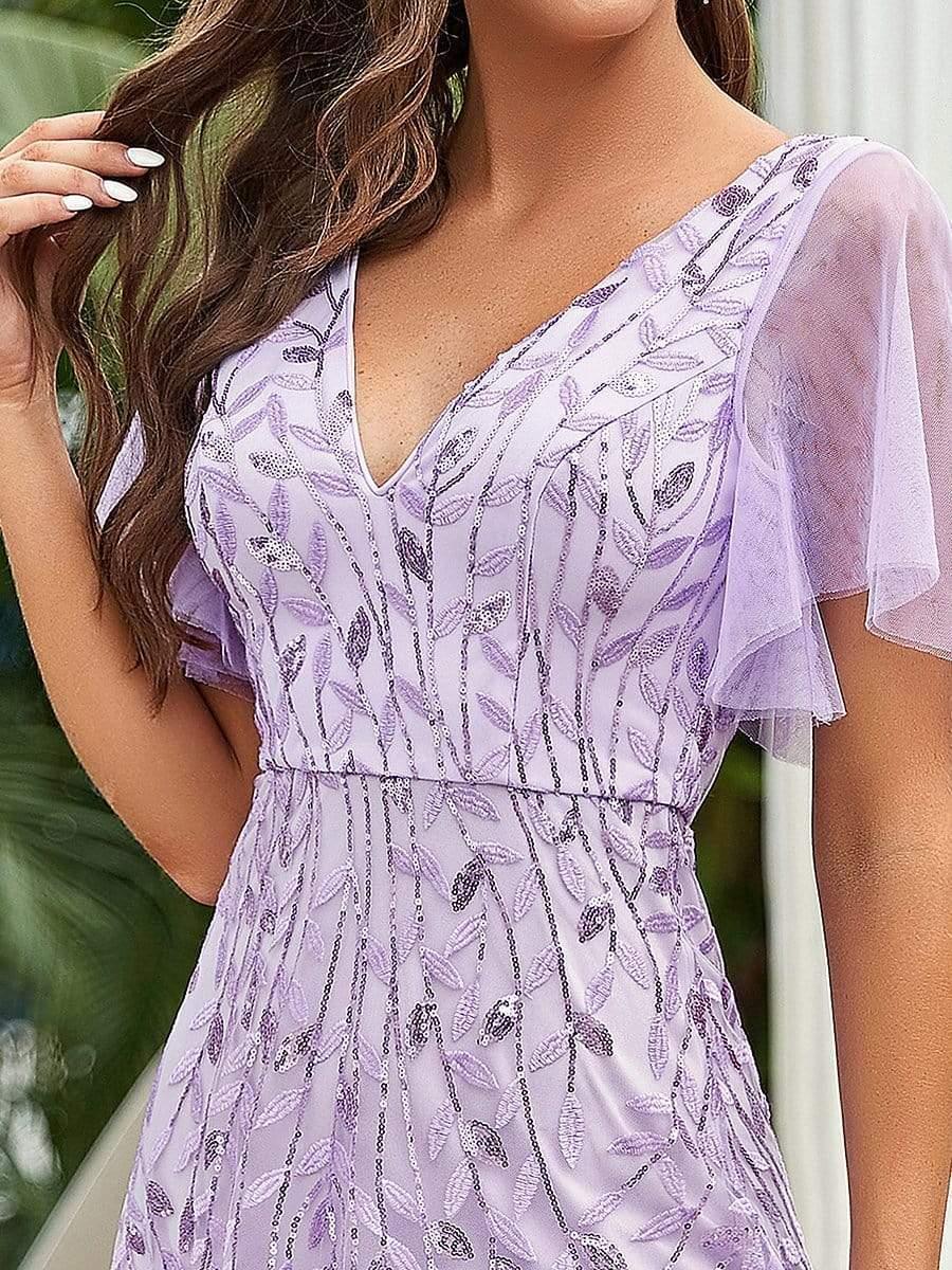 Robe d'Invité de Superbe Mariage Longue à Col en V et Manches à Volants #Couleur_Lavande