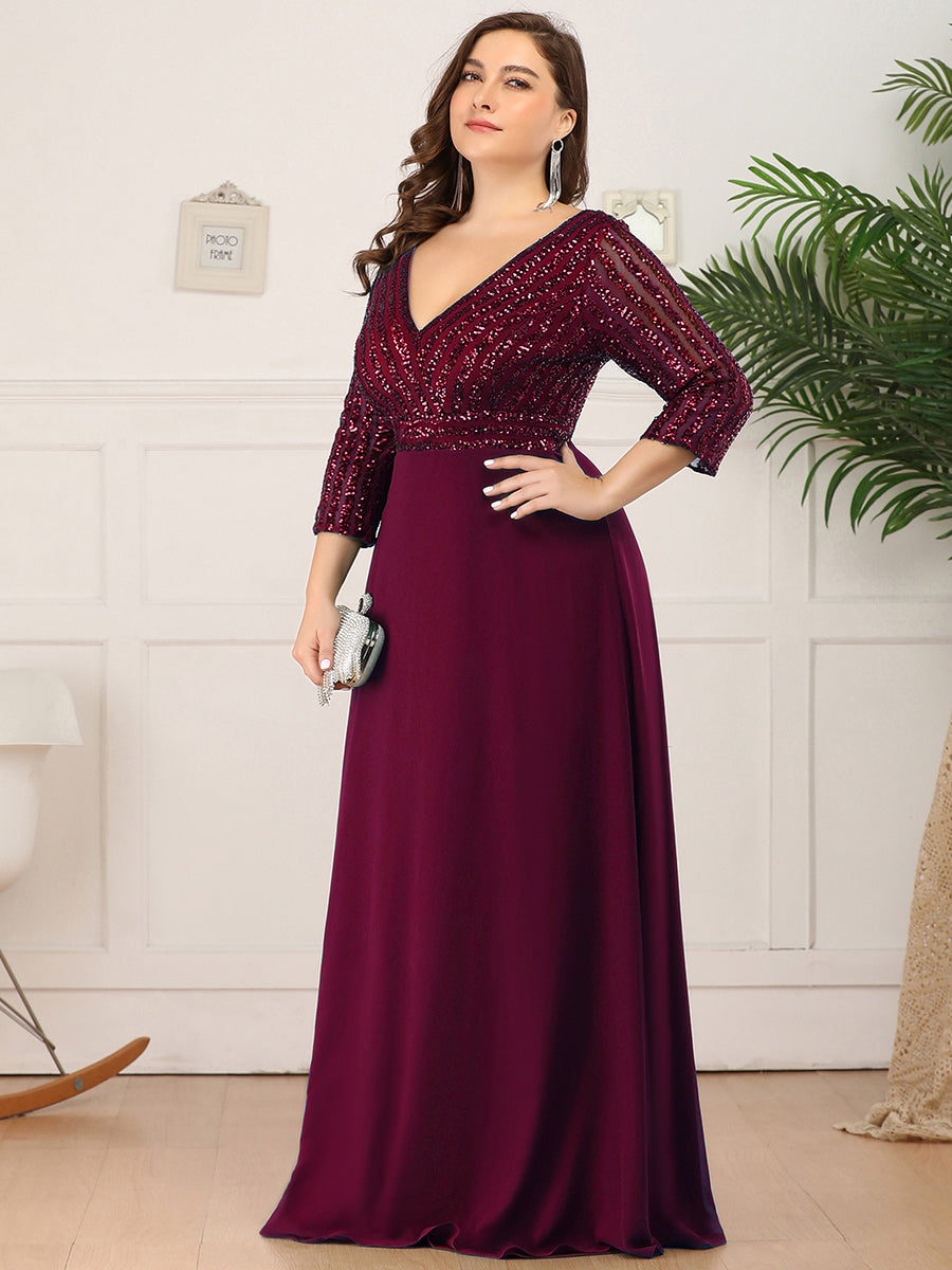 robe longue en sequins transparente à manches trois quarts et décolleté en V #Couleur_Bordeaux