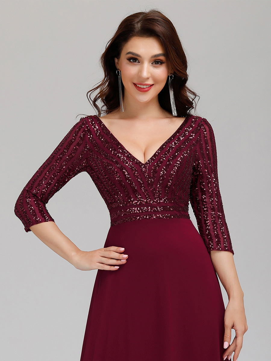 robe longue en sequins transparente à manches trois quarts et décolleté en V #Couleur_Bordeaux