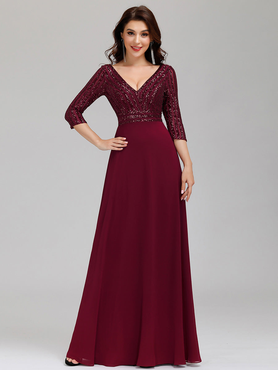 robe longue en sequins transparente à manches trois quarts et décolleté en V #Couleur_Bordeaux