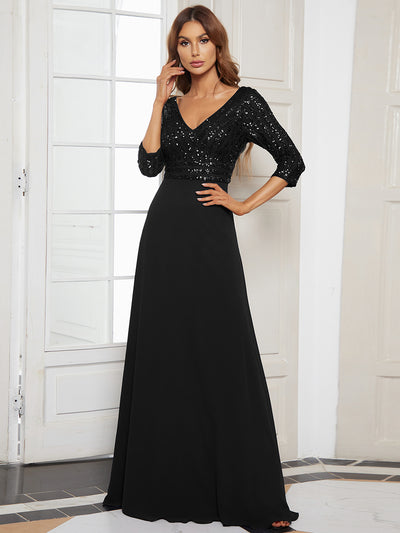 ever IRIS|Robe de soirée chic à manches mi-longues en V avec une coupe évasée et longueur au sol ornée de patchwork en sequins