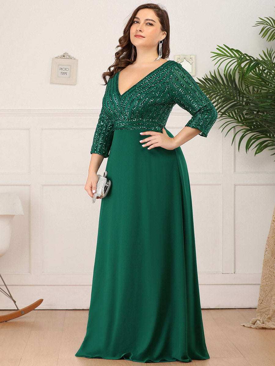 robe longue en sequins transparente à manches trois quarts et décolleté en V #Couleur_Vert Fonce