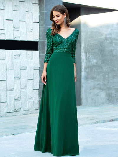 ever IRIS|Robe de soirée chic à manches mi-longues en V avec une coupe évasée et longueur au sol ornée de patchwork en sequins