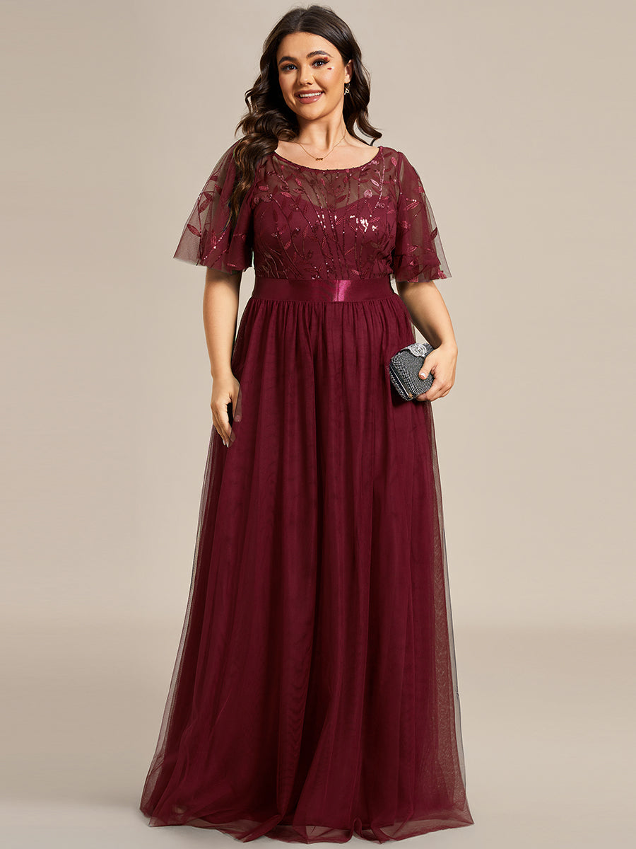 Robe de demoiselle d'honneur Brod¡§|es ¡§¡è manches courtes en ligne A pour femmes #Couleur_Bordeaux