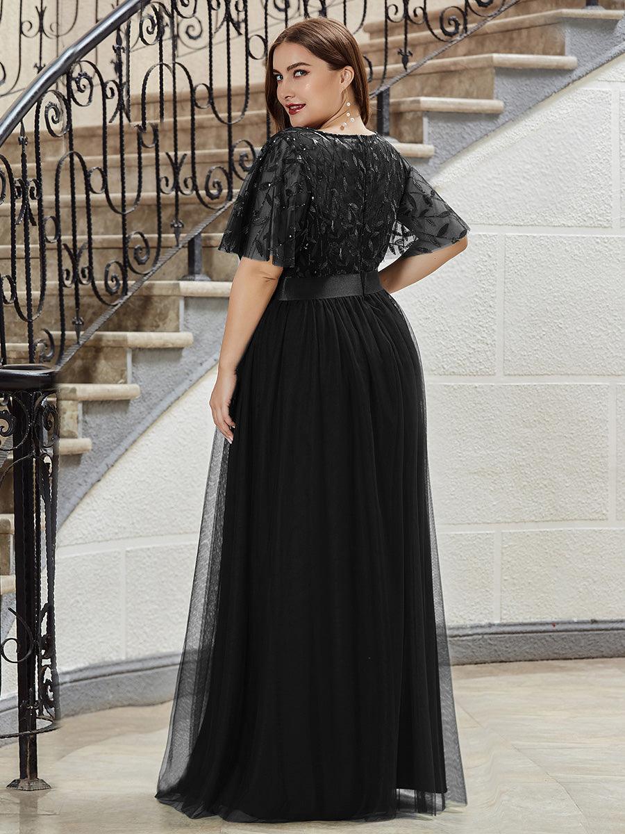 Robe de soirée brodée à manches courtes pour femmes de Grande taille #Couleur_Noir
